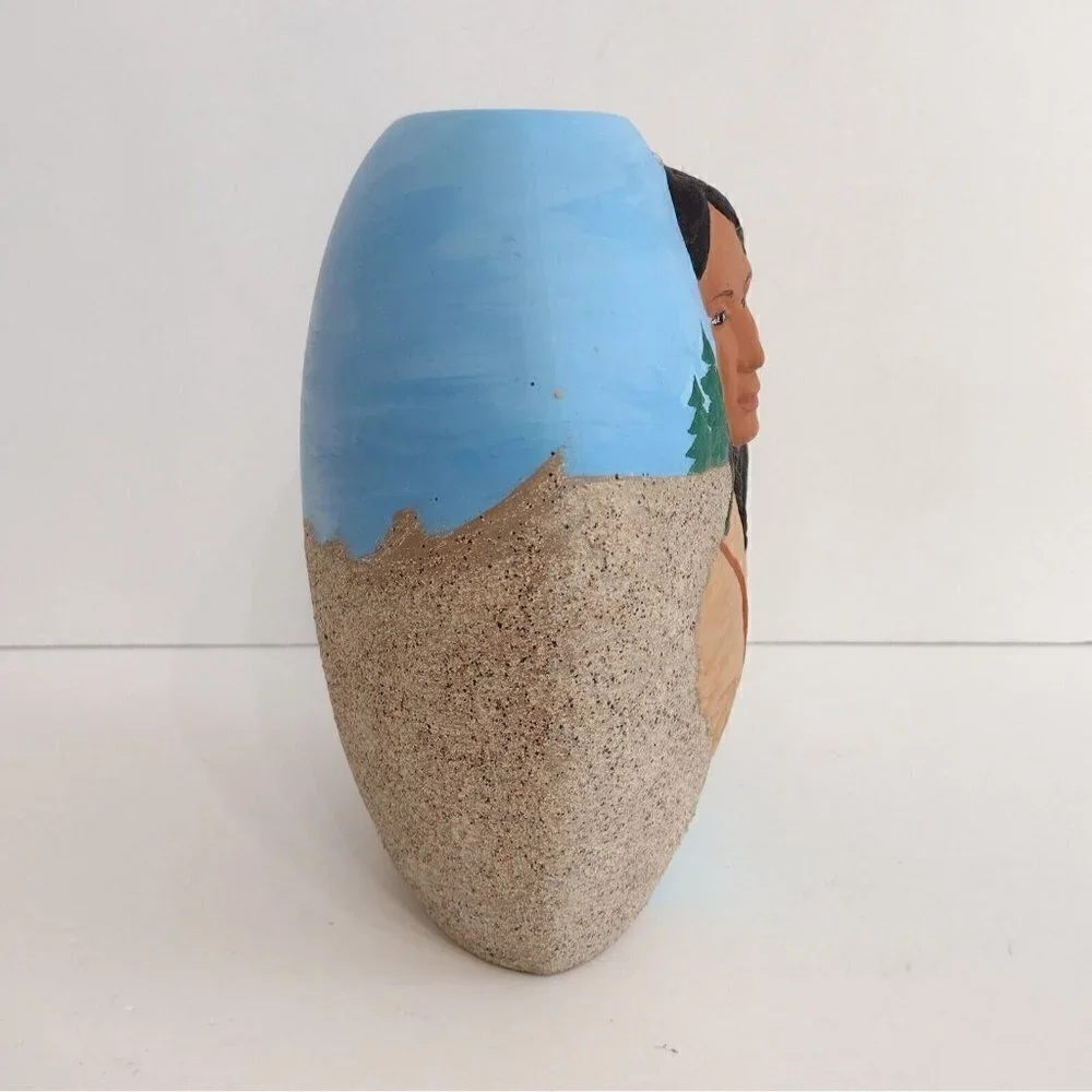 Vintage 1994 Ceramic Hand Painted Native American 3D Indian Couple Vase